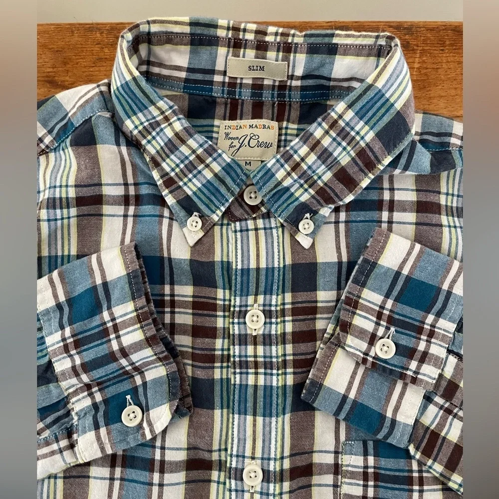 J. Crew Indian Madras Plaid Shirt Men's Size M Long Sleeve Slim Fit Button Up